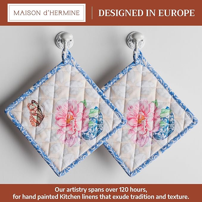 Maison d' Hermine Pot Holders 100% Cotton Heat Resistant Potholders 8" x 8" Hot Pads with Loop BBQ Cooking Baking Gifts for Mothers Day Handling Hot Pans Spring/Summer (Pack of 2, Canton)