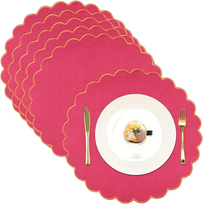 Set of 6 Round Placemats 15 Inch Cotton Scalloped Embroidery Placemat Washable Double Layered Rustic Dinner Table Mat Decor Fabric for Hotel Restaurant Kitchen(Hot Pink/Orange,Classic)