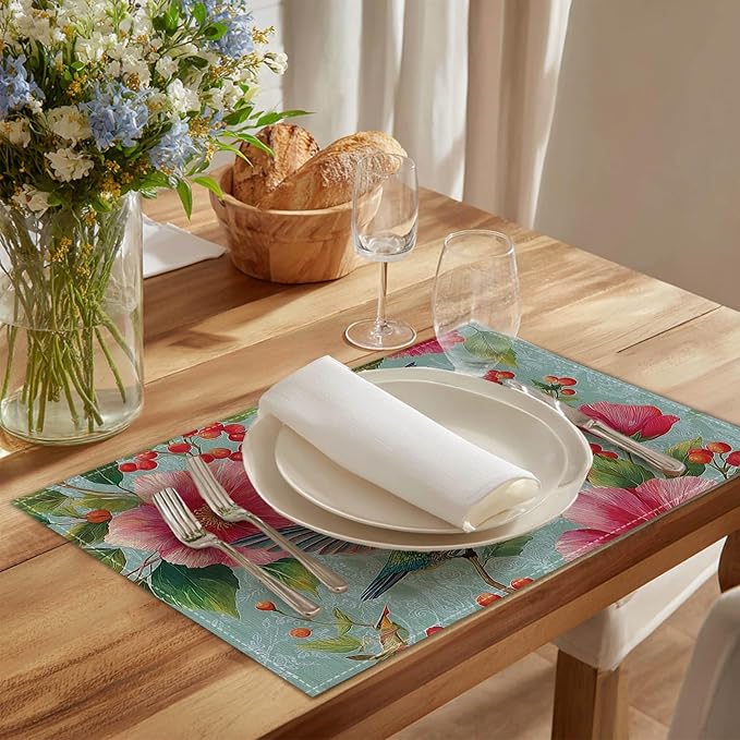 HOMETITUTE 12x18 Inch Placemats Set of 4 Linen Hummingbird Floral Spring Summer Washable Table Mats Place Mats Decorative Farmhouse Autumn Placemats Set Kitchen Dining Table Decor