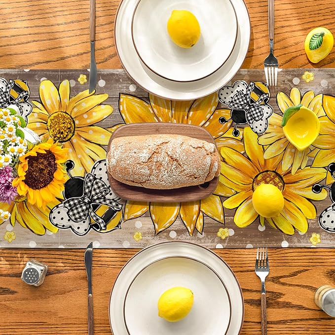 Artoid Mode Wood Sunflower Bee Flower Polka Dot Summer Table Runner, Seasonal Kitchen Dining Table Decoration for Home Party Decor 13x48 Inch