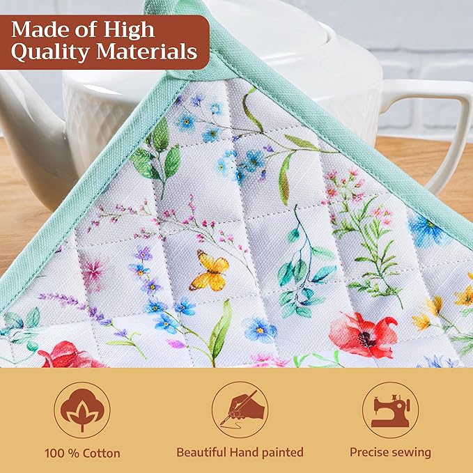 Maison d' Hermine Pot Holders 100% Cotton Heat Resistant Potholders 8" x 8" Hot Pads with Loop BBQ Cooking Baking Gifts for Mothers Day Handling Hot Pans Spring/Summer (Pack of 1, Just Floral)