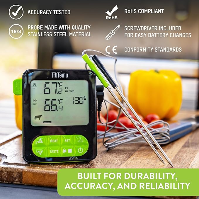 Taylor TruTemp Dual Probe Wired Programmable Meat and Food Thermometer, Digital for Cooking, Monitor Two Dishes with Two Probes for Baking, Grilling, and Roasting, User-Friendly, Backlit, Green