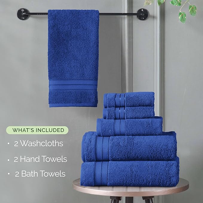 Elegant Comfort Luxury 6-Piece Towel Set, Premium Soft 100% Turkish Cotton, Three Line Popcorn Design 2 Bath Towels, 2 Hand Towels and 2 Washcloths Towel Set - Quick-Drying and Absorbent, Cobalt Blue