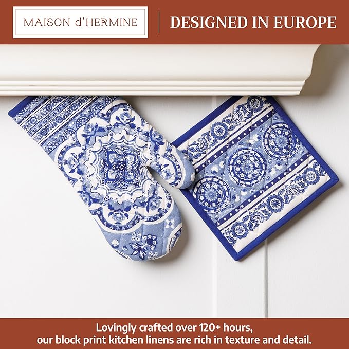 Maison d' Hermine 100% Cotton Oven Mitt & Pot Holder Set (7.5"x13" & 8"x8") Heat Resistant BBQ Cooking Gloves with Loop Baking Grilling Kitchen Gifts for Mothers Day Spring/Summer(Melodie Bleue)