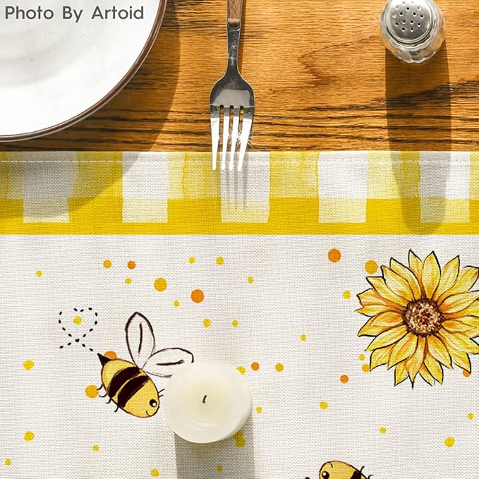 Artoid Mode Yellow Buffalo Plaid Sunflower Gnome Bee Summer Table Runner, Spring Kitchen Dining Table Decoration for Home Party Decor 13x72 Inch