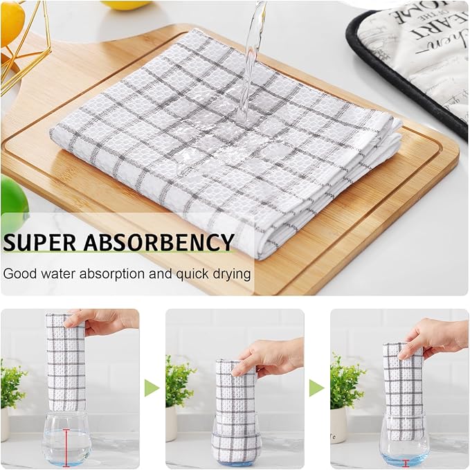 Homaxy 100% Cotton Kitchen Towels 4 Pack-15 X 25 Inches, Check Design Waffle Weave Hand Tea Towels, Super Soft and Absorbent Dish Towel for Drying Dishes, Light Grey