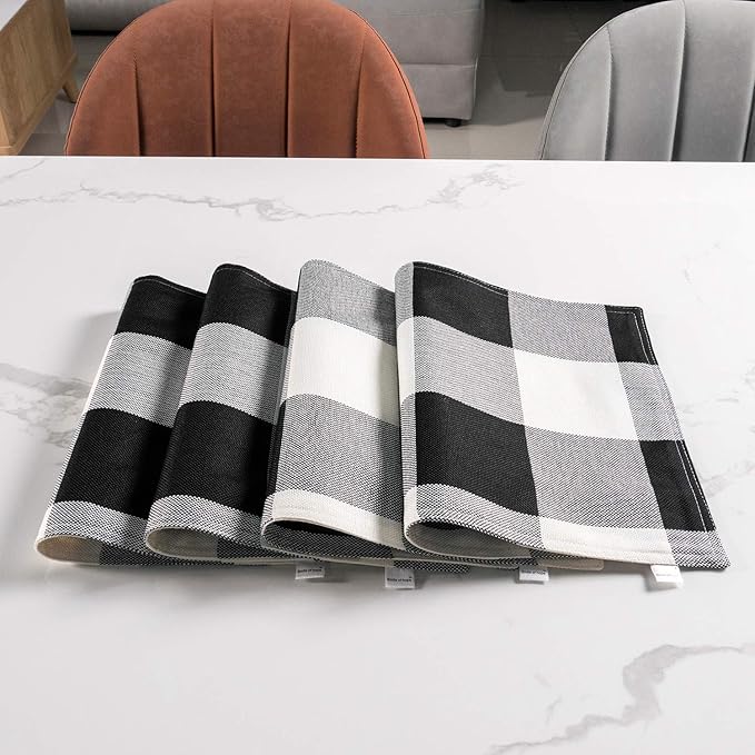 Black and White Placemats Set of 4, Linen Buffalo Plaid Double Layer Spring Placemats Check Kitchen Table Mats,Waterproof Heat Resistant Durable Cloth Washable Placemats 12 x 18 Inches