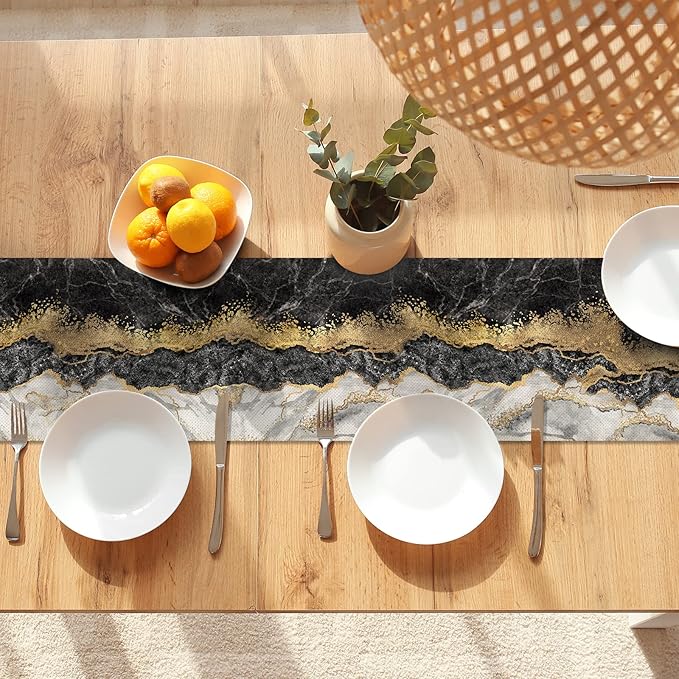 Marble Table Runner 72 Inches Long, Ink Golden Marble Texture Table Runner Dresser Scarves, Rustic Burlap Dining Room Table Decor for Kitchen Wedding Farmhouse Indoor Outdoor Home Party