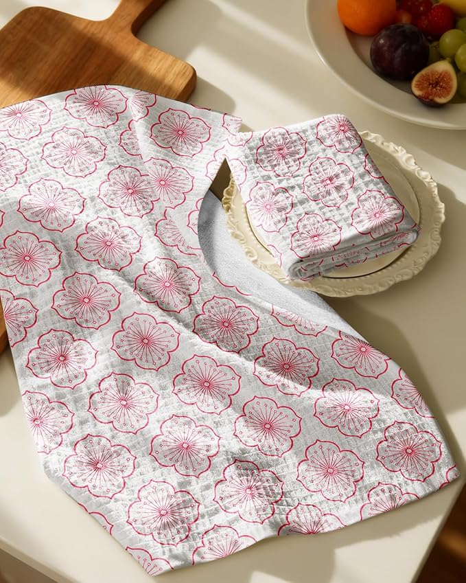 Miss Adola Cotton Waffle Kitchen Towels – Cute 370 GSM 16x25 Inch Terry Cloth Waffle Decorative Dishcloth for Kitchen Set of 2 with Hanging Loop Absorbent Hand Tea Towel for Home Design, Sakura