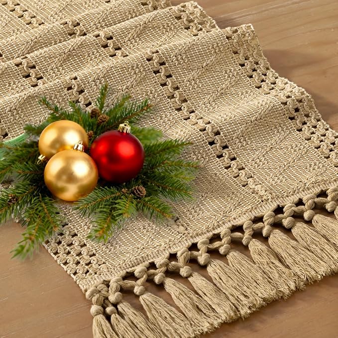 Socomi Boho Table Runner Easter Spring Farmhouse Rustic Dining Kitchen Centerpiece Decor Small Macrame Woven Cotton Linen Coffee Table Runner for Dresser Scarf Home Decor 12x48 inch Champagne