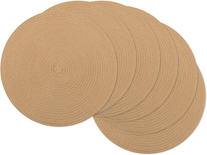 SHACOS 15 inch Round Braided Placemats Set of 6 Cotton Polyester Heat Resistant Round Table Mats Washable Place Mats for Dinner Party Table Decoration (Camel, 6)