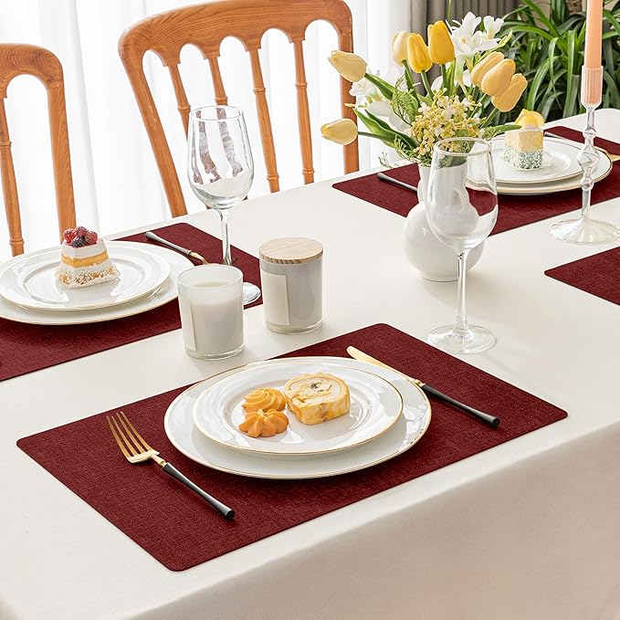 Romanstile Vinyl Placemats Set of 4-12 X 17 Inch - Faux Leather 100% Waterproof Oil-Proof Wipeable Place Mats, Heat Resistant Reversible PU Table Mats for Kitchen Dining Party Outdoor, Red