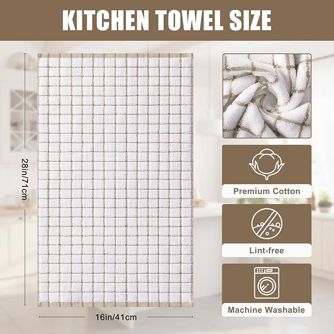 Homaxy Premium Kitchen Towels(16”x 28”, 6 Pack), Large Ring Spun Cotton Dish Towels, Super Absorbent Soft Terry Kitchen Hand Towels, Check Design Tea Towel Set with Hanging Loop, Tan