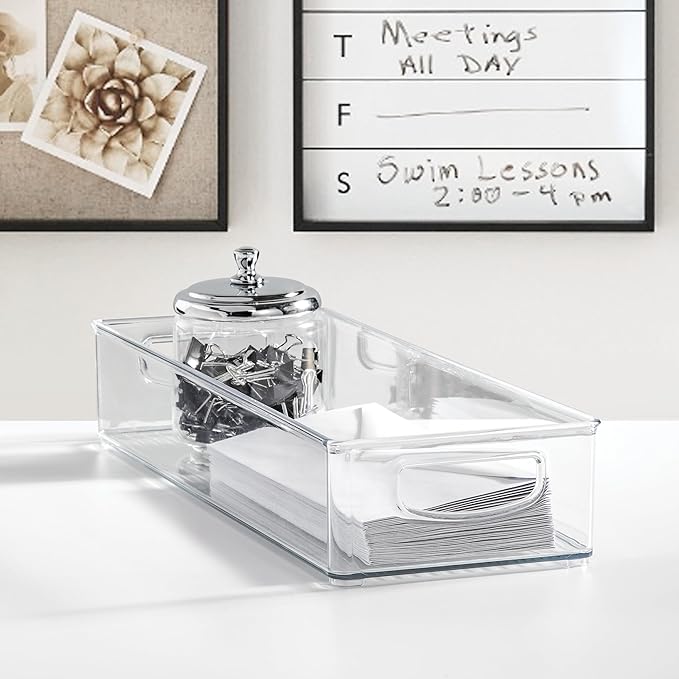 iDesign Slim Extra Long Clear Storage Bin, Narrow Stackable Organizer for Kitchen or Pantry, 4-Pack