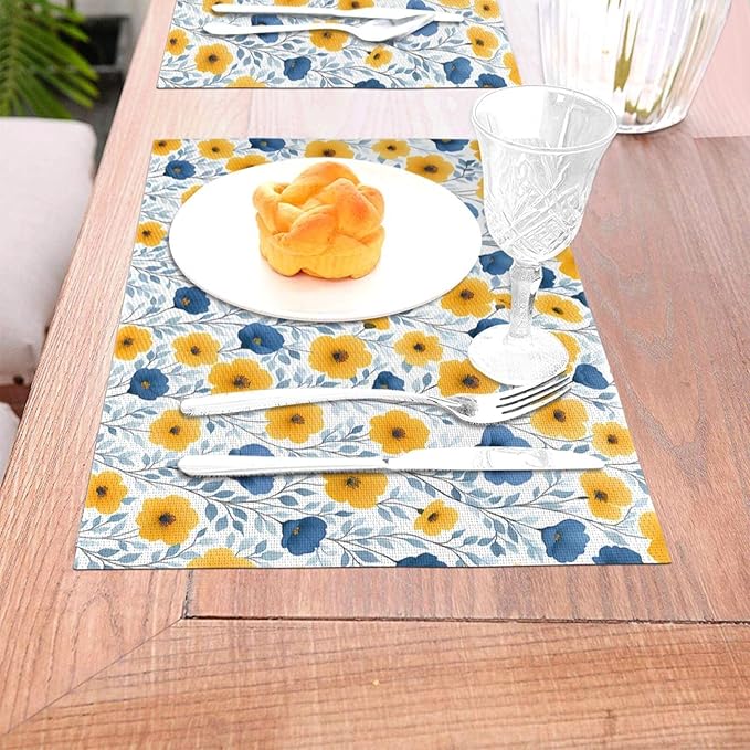 Yellow Blue Floral Linen Placemats Set of 4, Washable Heat Resistant Table Mats for Dining Table Kitchen Holiday Party Farmhouse, Gift for Floral Nature Lovers, Spring Home Decor, 12" x 18" Place Mats