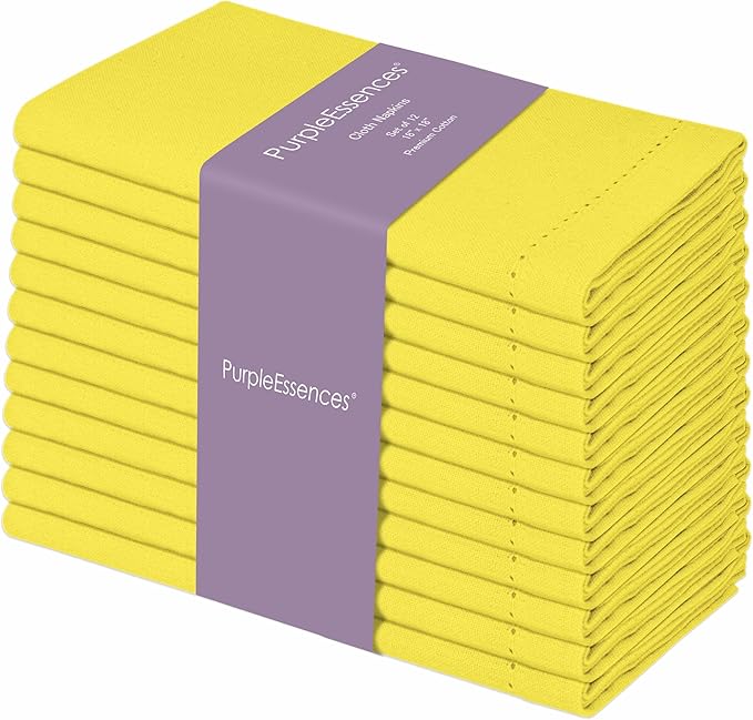 PurpleEssences Set of 12 Hemstitch Cloth Dinner Napkins 100% Cotton - Soft Durable Washable - Ideal for Wedding Spring Easter Summer - Perfect Everyday Use Table Linen 18x18 - Yellow
