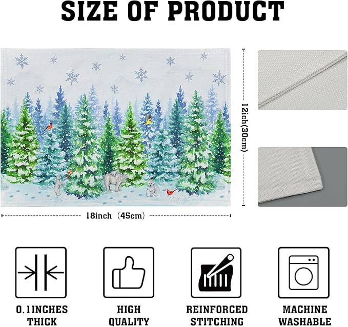 Watercolor Christmas Bears Place Mats - Winter Birds Placemats Set of 4 Snowflake Trees Art Table Mat for Indoor Outdoor Dining Decorations 12 x 18 Inch