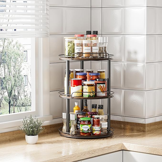 LAMU 10.2'' Wood Lazy Susan Turntable Organizer for Cabinet, 3 Tier Lazy Susan Spice Rack Organizer for Kitchen, Table Top, Countertop, Pantry, Bathroom