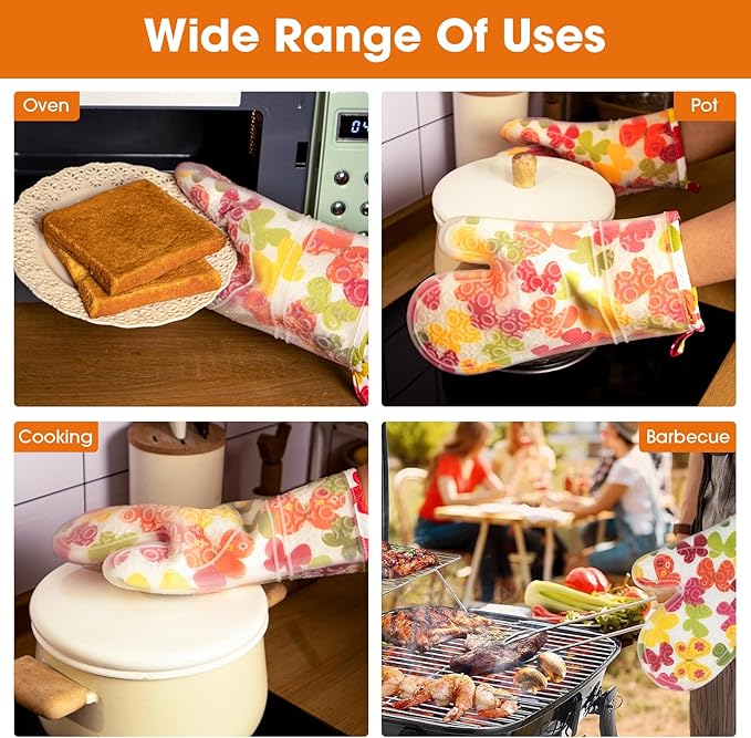 Silicone Oven Mitts Set Heat Resistant 2PCS Kitchen Mittens with Soft Cotton Lining Long Waterproof Non-Slip Oven Gloves for Cooking, BBQ, Baking-Flower
