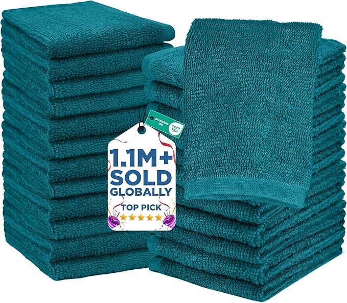 DAN RIVER 24 Pack Wash Cloths for Showering [12x12] - 100% Cotton Washcloths Premium Quality Flannel Face Cloths for Bathroom, Highly Absorbent and Soft Feel Wash Clothes, Teal