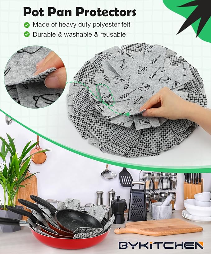 BYKITCHEN Pot and Pan Protectors for Stacking, Set of 9 & 3 Sizes, Felt Pan Separators Dividers Pads for Space Saving, Pot Protectors for Stacking and Protecting Your Cookware