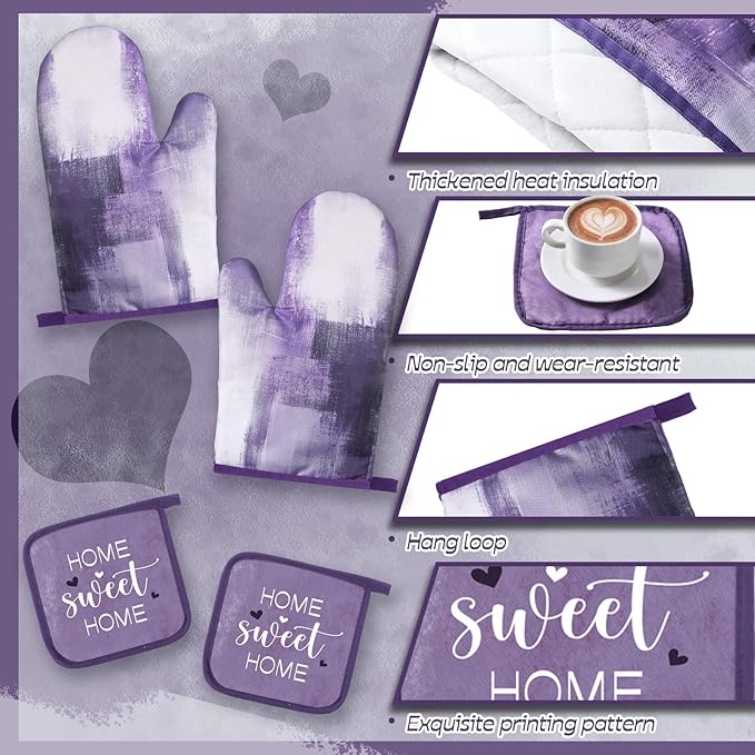 Fourluoo 10 Pcs Grey and Purple Kitchen Decor Purple Oven Mitts and Pot Holders Kit Farmhouse Dish Towels Kitchen Rugs Marble Pattern Oven Gloves for Home Baking Cooking Birthday Summer Gifts Decor