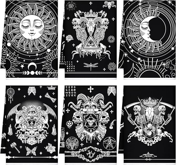 Bencailor 6 Pcs Retro Kitchen Towels 15.7 x 23.6 Inch Farmhouse Vintage Hand Towels Decorative Absorbent Dish Cloth for Bathroom Decor for Cooking Baking Cleaning(Black,Gothic)