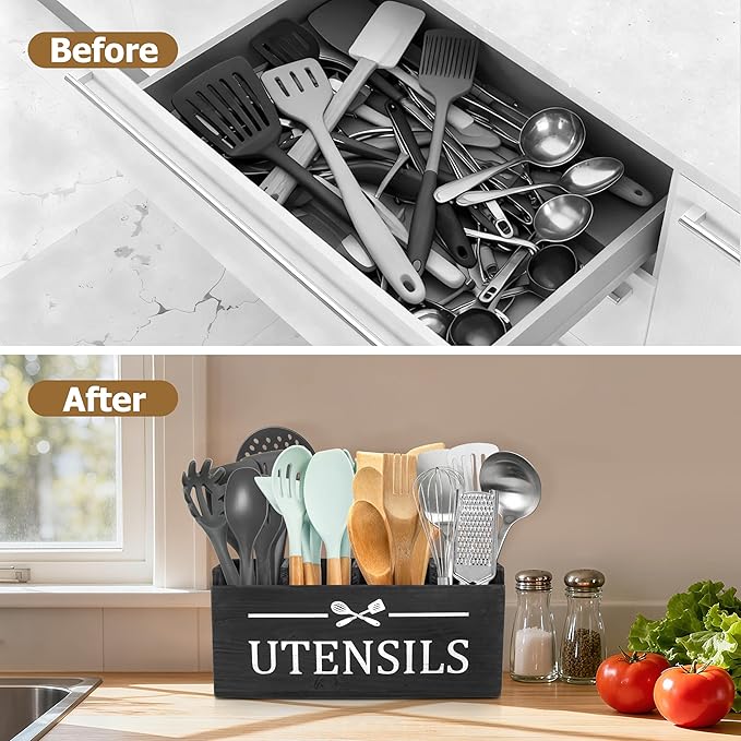 RedCall Extra Large Utensil Holder Organizer,4 Compartments Wooden Kitchen Tool Holder for Countertop,Rustic Farmhouse Utensil Organizer for Spatula Spoon Storage (Black-4)