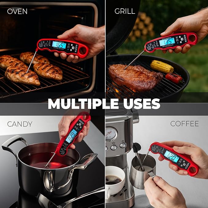 KIZEN Instant Read Meat Thermometer Digital - Food Thermometer for Cooking, Grill, Oven, BBQ - IP67 Rated Waterproof - Large Backlit Display and Magnetic Back
