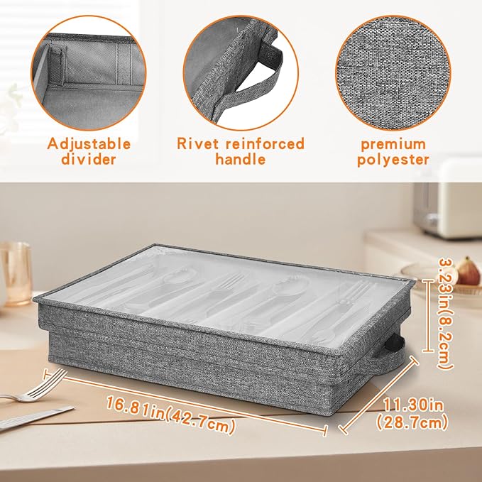 Grekos Flatware Utensil Storage Case, Silverware Storage Box with 4 Adjustable Dividers and Removable Lid, Cutlery Case Utensil with 5 Compartment Storage for Spoon Fork Knives Tableware (Gray)