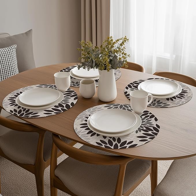 Artoid Mode Black Dahlia Plastic Round Placemats Set of 4, 14 Inch Seasonal Wipeable Woven Vinyl Table Mats for Farmhouse Party Kitchen Dining Decor