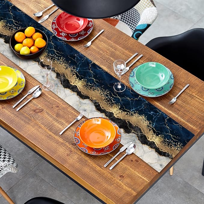 Marble Table Runner 72 Inches Long, Ink Golden Marble Texture Table Runner Dresser Scarves, Rustic Burlap Dining Room Table Decor for Kitchen Wedding Farmhouse Indoor Outdoor Home Party