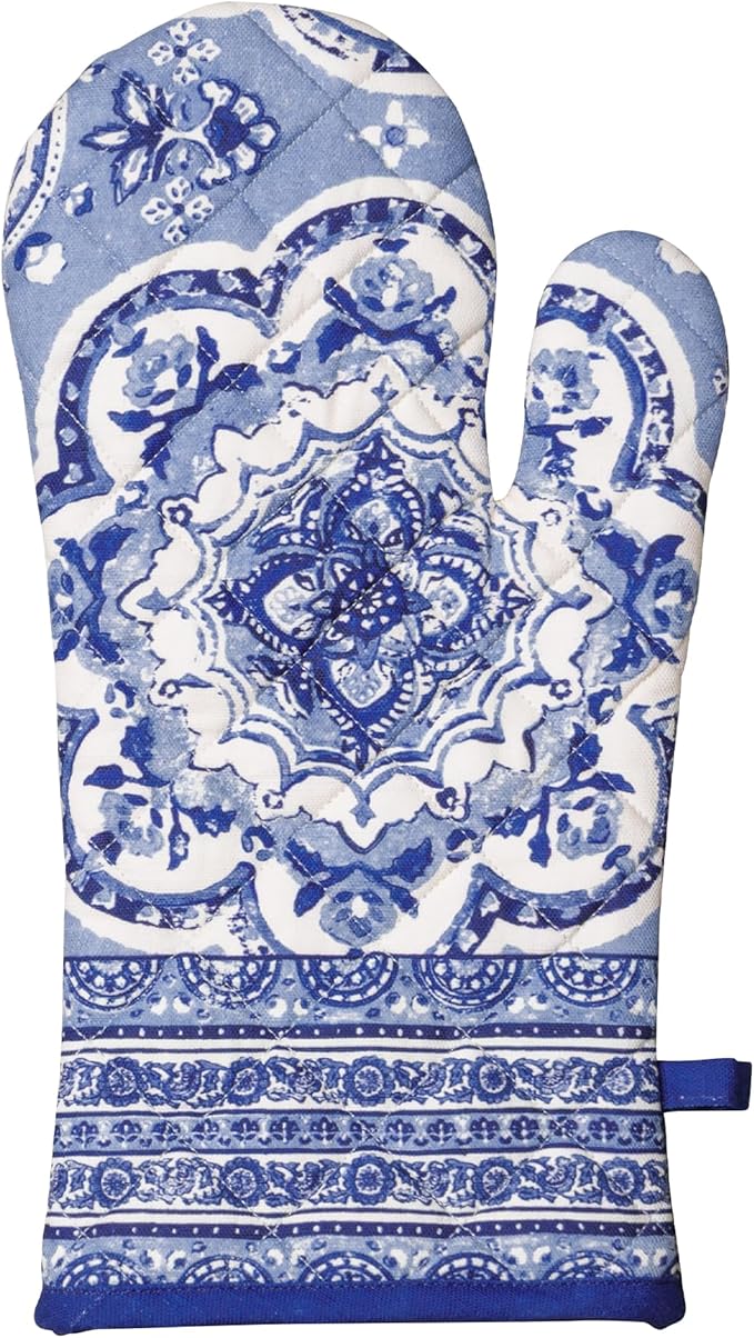 Maison d'Hermine Oven Gloves 100% Cotton Oven Mitt 7" x 13" with Loop Heat Resistant BBQ Cooking Gloves Baking Grilling Gifts for Mothers Day Spring/Summer (Pack of 1, Melodie Bleue)