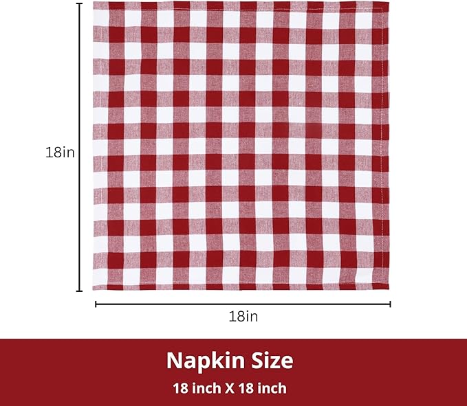 PurpleEssences Buffalo Plaid Cloth Napkins - Mitered Corners - Spring Easter Summer - Gingham Check Dinner Napkin - Set of 12-100% Cotton - 18x18 Inch - Reusable Washable - Red and White