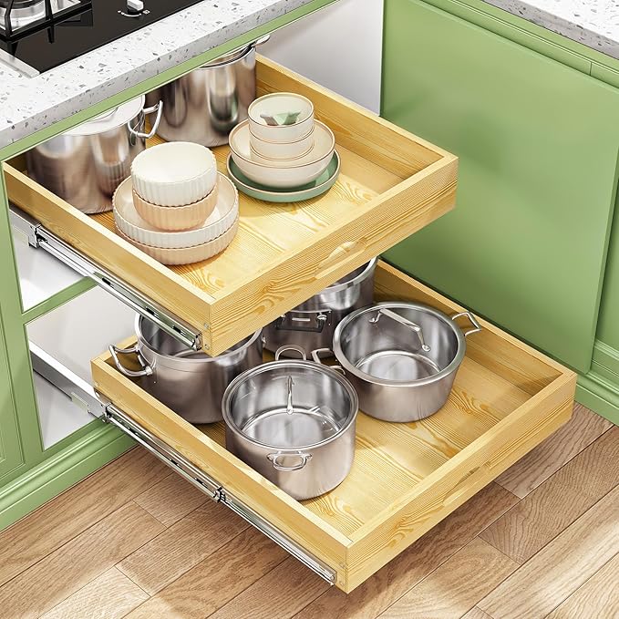 Pull Out Cabinet Organizer, Soft Close Wooden Slide Out Drawers for Pots and Pans, Full-extension Roll Out Shelves for Kitchen Cabinets, Pantry Organization, Bottom & Side Mount(15"W X 21"D x 3.4''H)