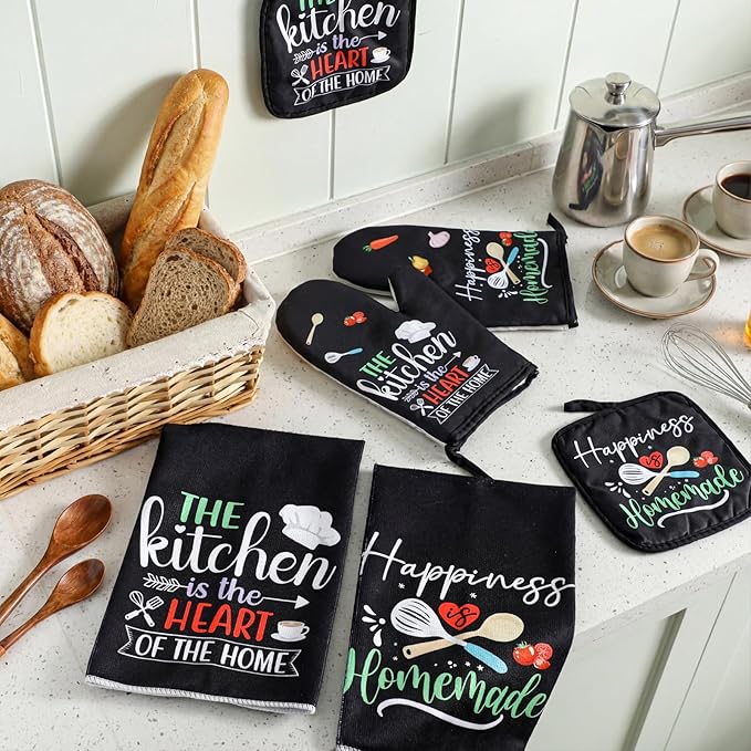 Sratte 6 Pcs Kitchen Decor Accessories Set Farmhouse Towels Pot Holders Oven Mitts Set 2 Dish Towels 2 Potholders 2 Cooking Mittens Oven Glove for Christmas Baking Cooking (Black Color)