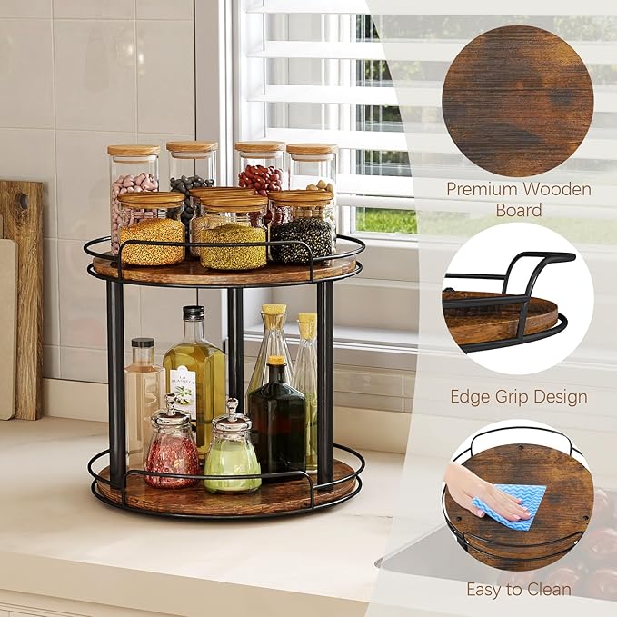 LAMU 9.1'' Wood Lazy Susan Turntable Organizer for Cabinet, 2 Tier Lazy Susan Spice Rack Organizer for Kitchen, Table Top, Countertop, Pantry, Medicine Organizer