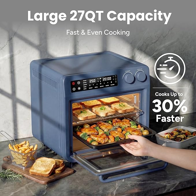 SMIRLY Digital Air Fryer Toaster Oven Combo, 27QT Convection Countertop Oven, 10-in-1 Multi-Function Fits 12" Pizza & 6 Slices of Toast, Stainless Steel, Blue