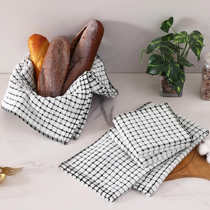 Homaxy Kitchen Towels and Dishcloths Set, 16 x 25 and 12 x 12 Inches, Set of 12 Cotton Terry Kitchen Dish Towels, Super Soft and Absorbent Dish Cloths, Black