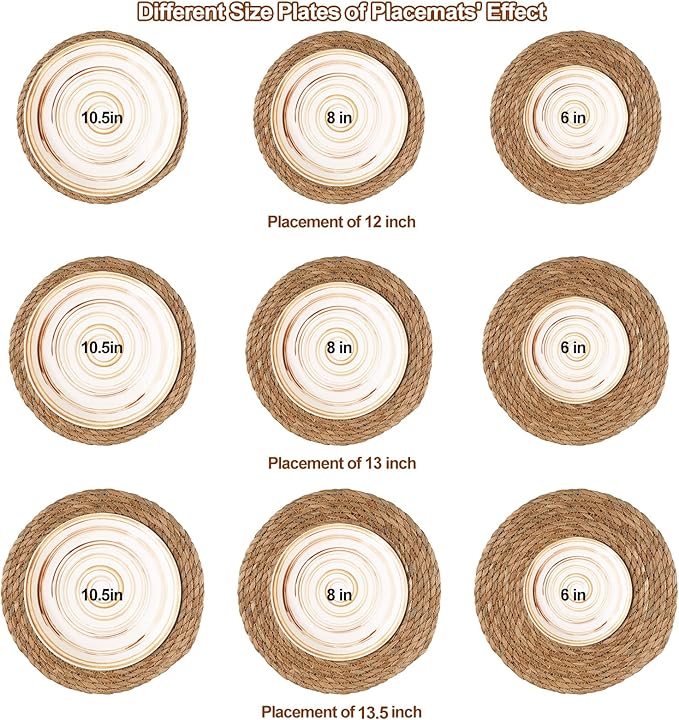 Round Woven Placemats 13 inch Set of 6 - Boho Rattan Placemats Natural Water Hyacinth Placemat, Farmhouse Weave Place Mats, Rustic Braided Wicker Table Mats for Dining Table,Home,Wedding