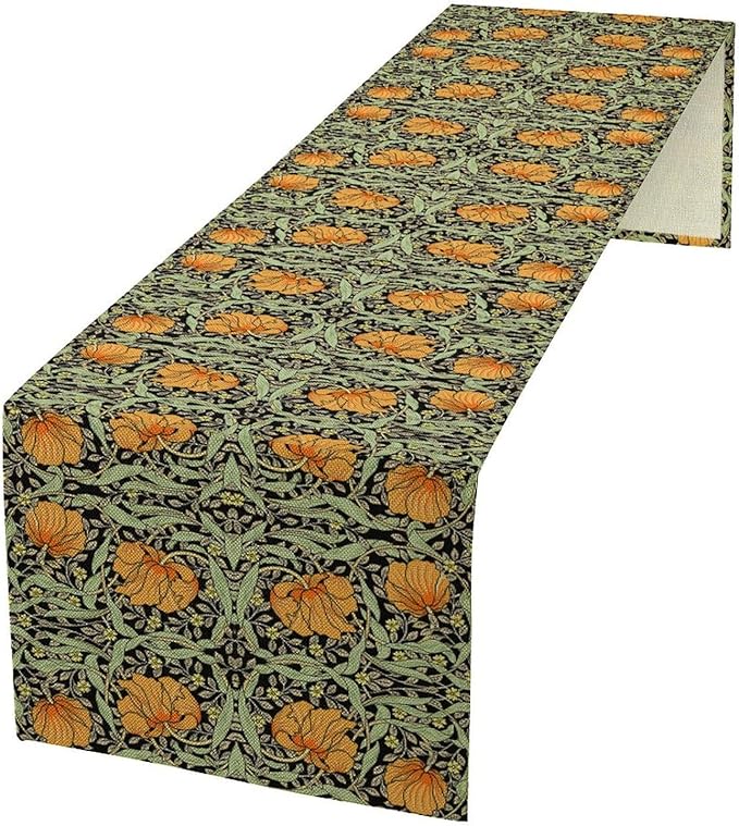 William Morris Vintage Floral Table Runner Farmhouse Sage Green Orange Art Printed Dinner Runner for Home Kitchen Dining Table Decor Fabric 1 Panel W13xL60in