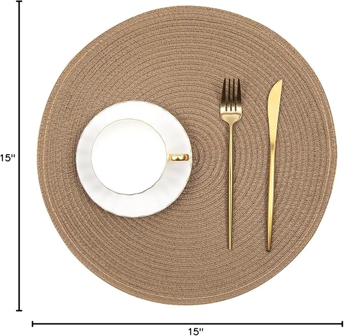 SHACOS Round Braided Placemats Set of 6 Washable Cotton Polyester 15 inch Round Table Place Mat for Dining Table (Brown, 6)