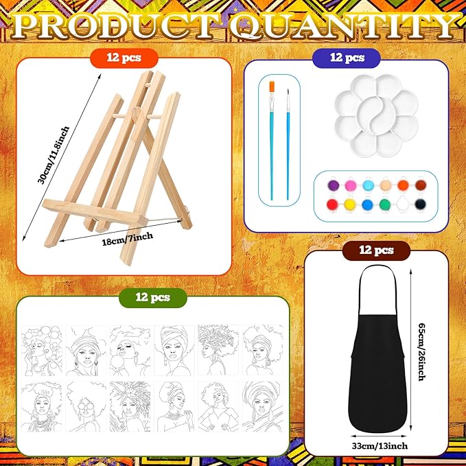Motipuns 12 Set Pre Drawn Canvas for Painting for Adults Sip and Paint Kit with Easels 8 x 10 Inches Paint Party Kit with Printed Canvas Paints Brushes Palette Bag Apron(Afro Queen)
