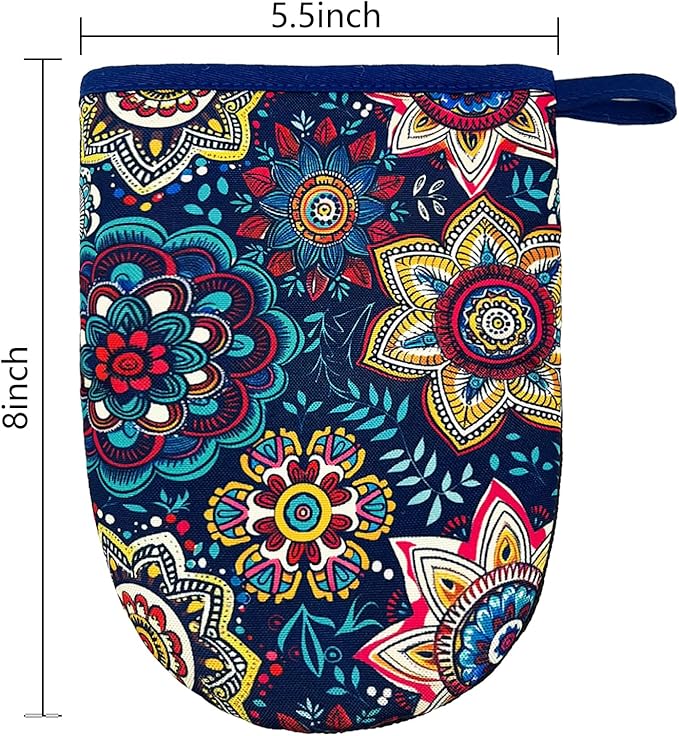 Boho Floral Mini Silicone Oven Mitts 2-Pack Set, Heat Slip Resistant Kitchen Gloves, Soft Short Oven Mittens for Safe Cooking Baking Grilling