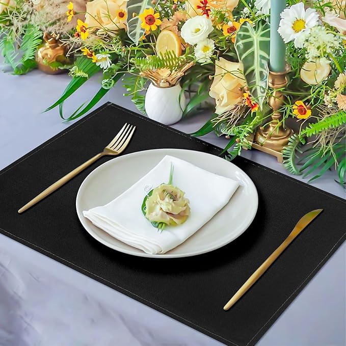 Black Placemats Set of 4, 12x18 Inch Heat-Resistant Washable Easy to Clean Place Mats, Faux Linen Cloth Table Mats Suitable for Indoor/Outdoor Parties & Kitchen Decor (Black)