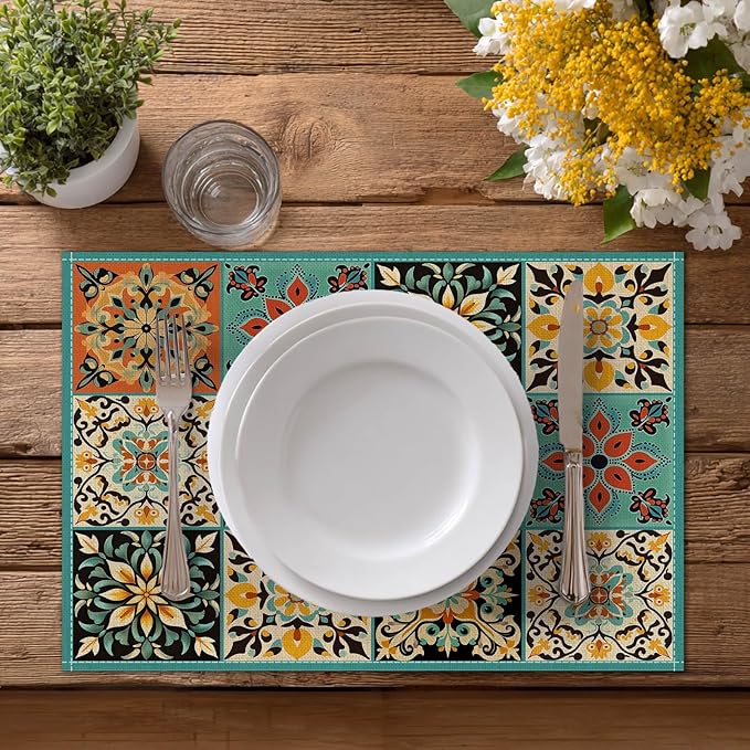 HOMETITUTE Placemats Set of 4 Linen 12x18 Inch Washable Table Mats Colorful Vintage Pattern Place Mats Farmhouse Style Autumn Placemats Kitchen Dining Table Decor