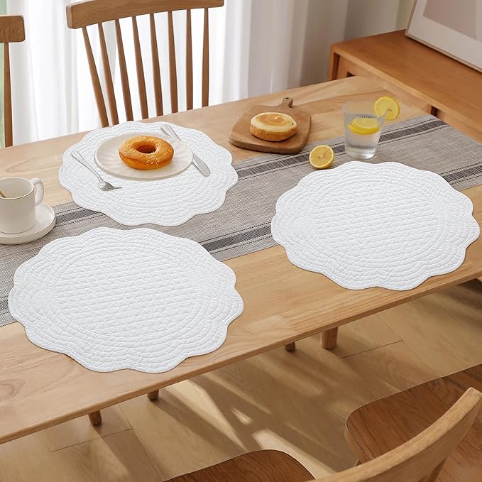 HOMBYS Quilted Placemats Set of 6 Washable Round Placemats for Kitchen Table-100% Cotton Fabric 14 Inch Round Table Mats, Cotton Fabric with Microfiber Filling, (14"x14", Pure White)
