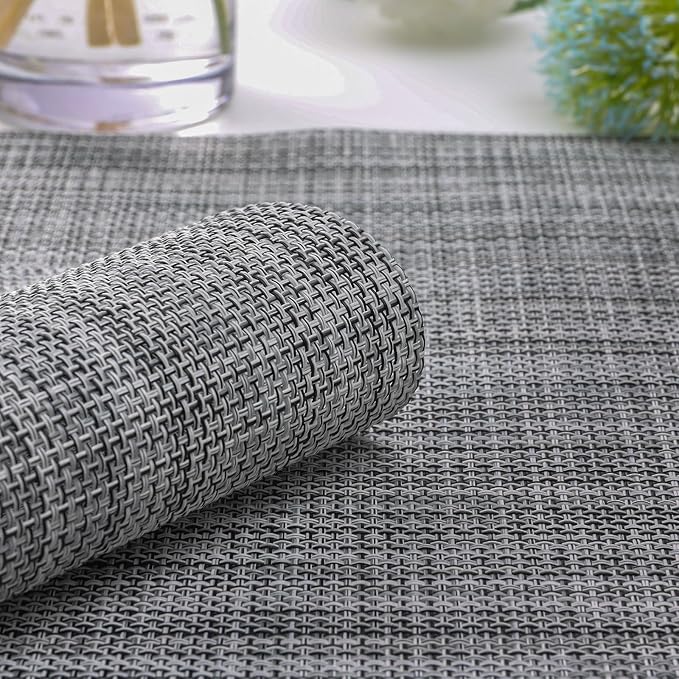 Myir JUN Placemats Set of 4, Vinyl Woven Placemats Place Mats Indoor Set of 4 Washable Table Mats Non-Slip Place mats for Dining Table (Light Gray, Set of 4)