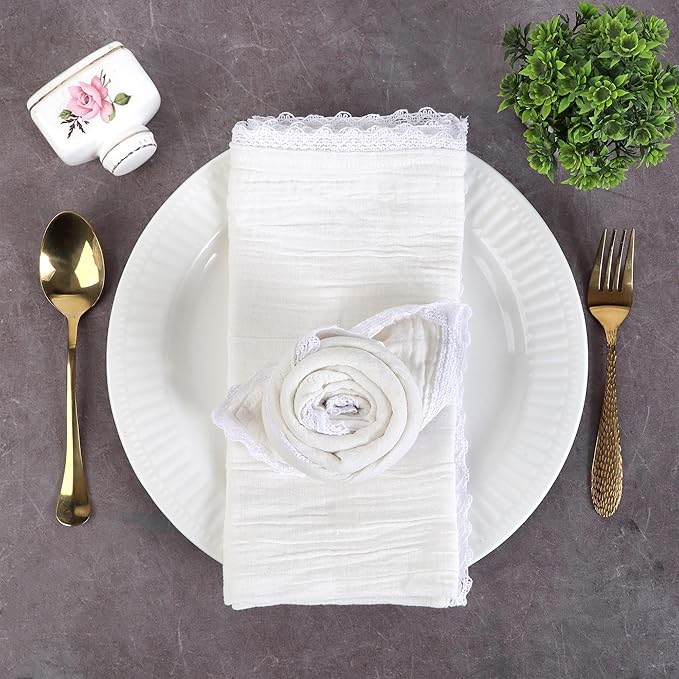 FINGERCRAFT Dinner Cloth Napkin Cotton Muslin Double Gauze 4 Pack with Classic Lace for Everyday Use, Wedding, Party, Christmas, Easter Napkins Cloth are Pre Shrunk and Good Absorbency White