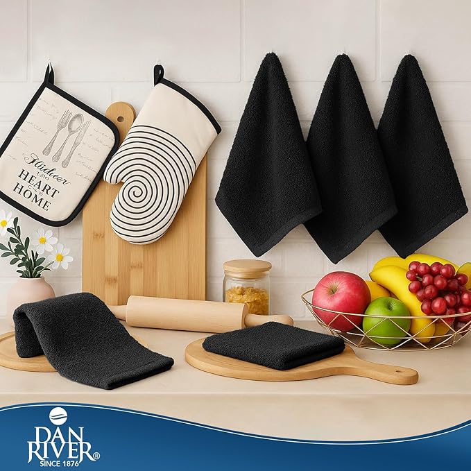 DAN RIVER Kitchen Bar Mops,Pack of 12,16 by 19 Inches,100% Cotton Super Absorbent,Multi-Purpose Cleaning Towels for Home and Kitchen Bars-Black